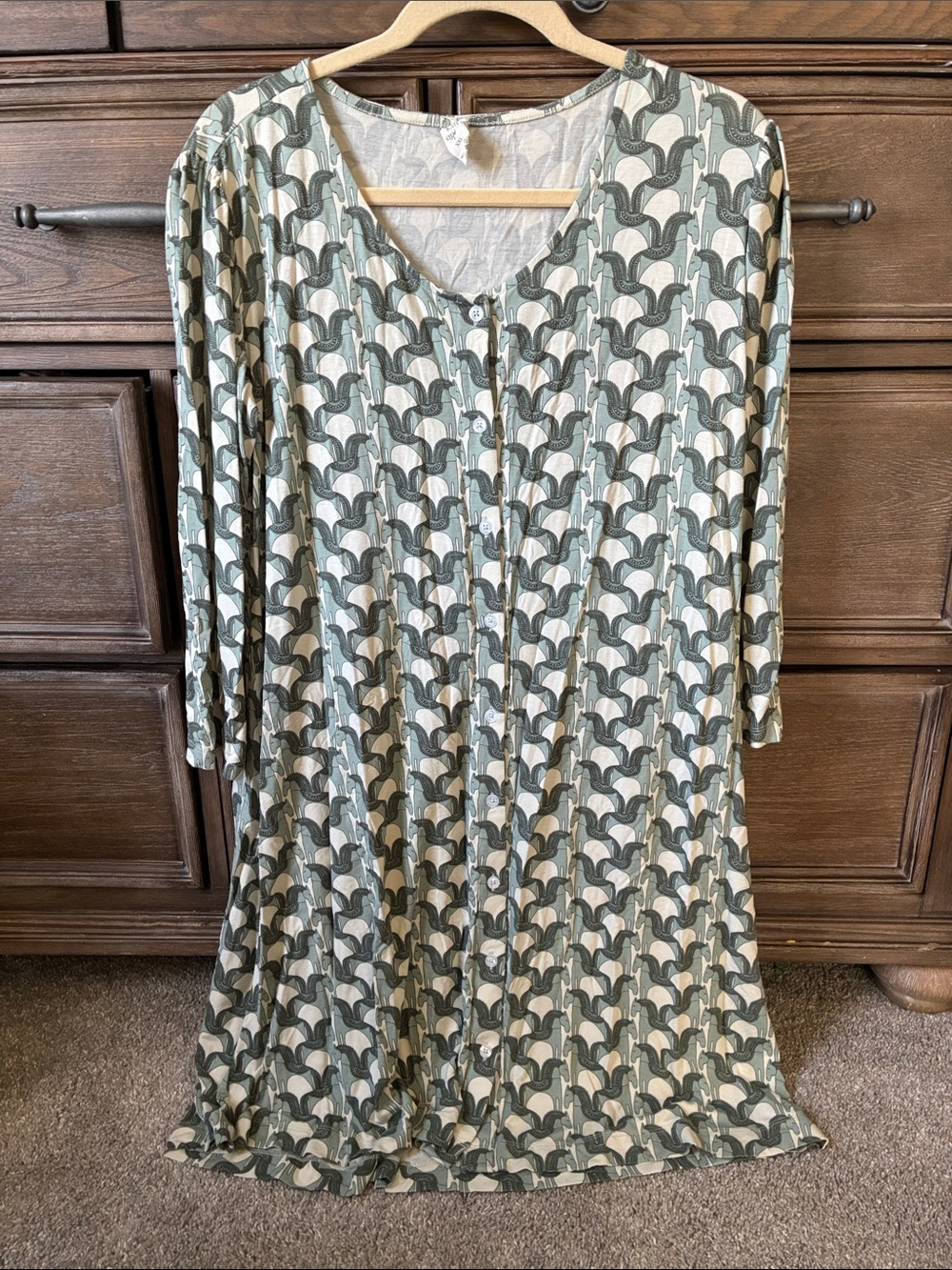 kate quinn Bamboo Sage and Cream Geometric Horse Button-Front Long Sleeve Dress